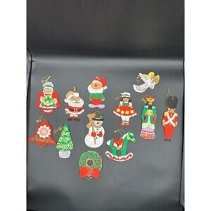 Set of 12 Vintage 1970s Hand-Painted Wood Christmas Ornaments